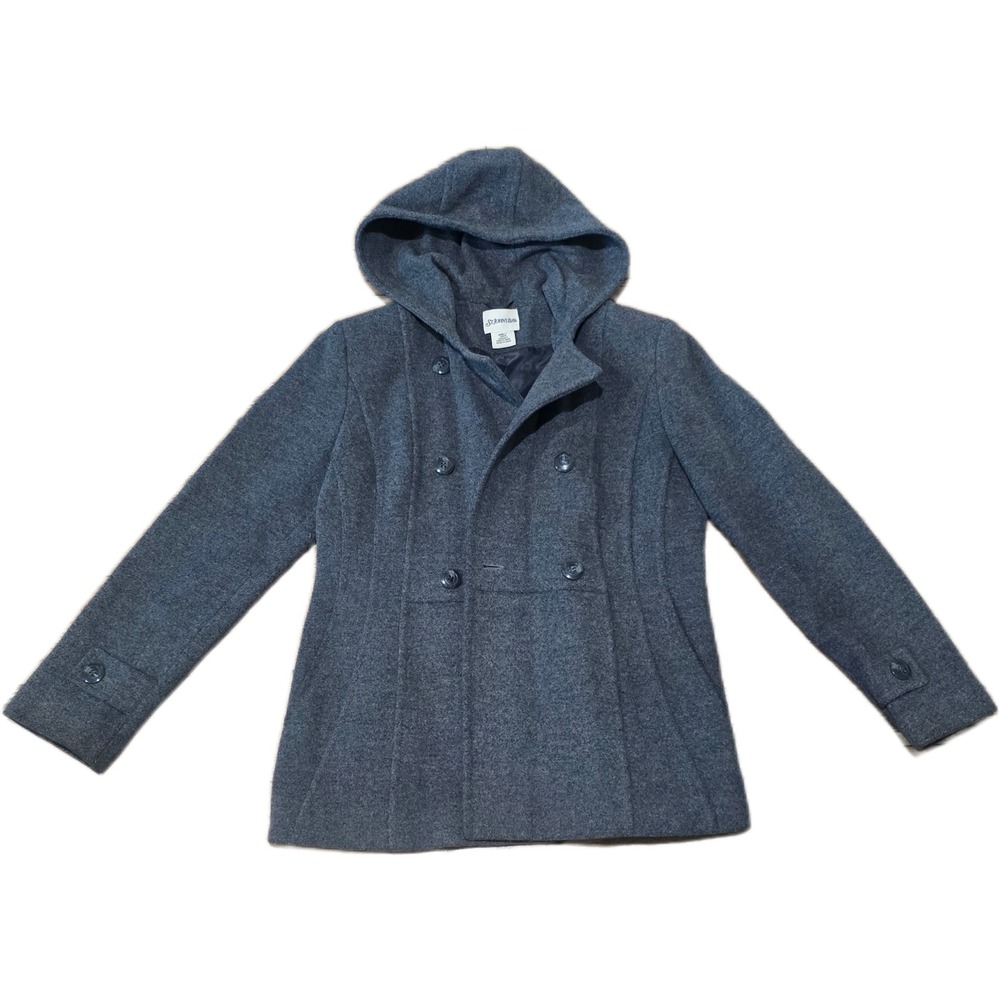 St. Johns Bay Womens Wool Cashmere Blend Hooded Pea Coat Charcoal Gray‎ Small